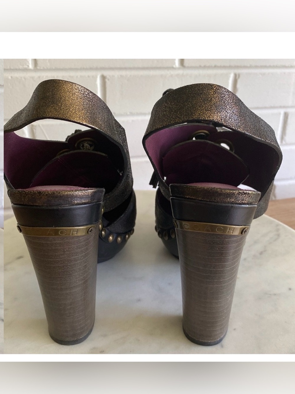 Coach Poppy Rena Metallic Studded Slingback Heels Sz 7 EUC - Picture 4 of 9